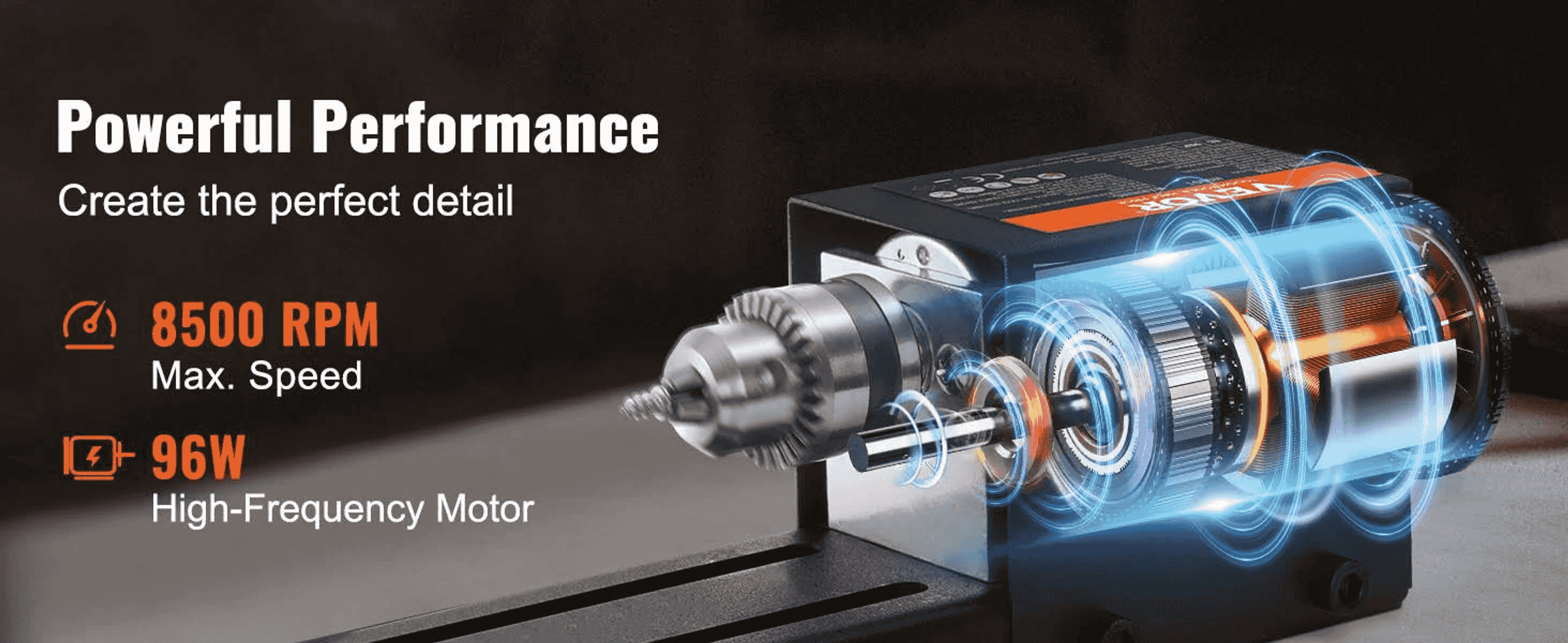 Potente motor de 96W con 8500 RPM, brillante en azul y con detalles internos.