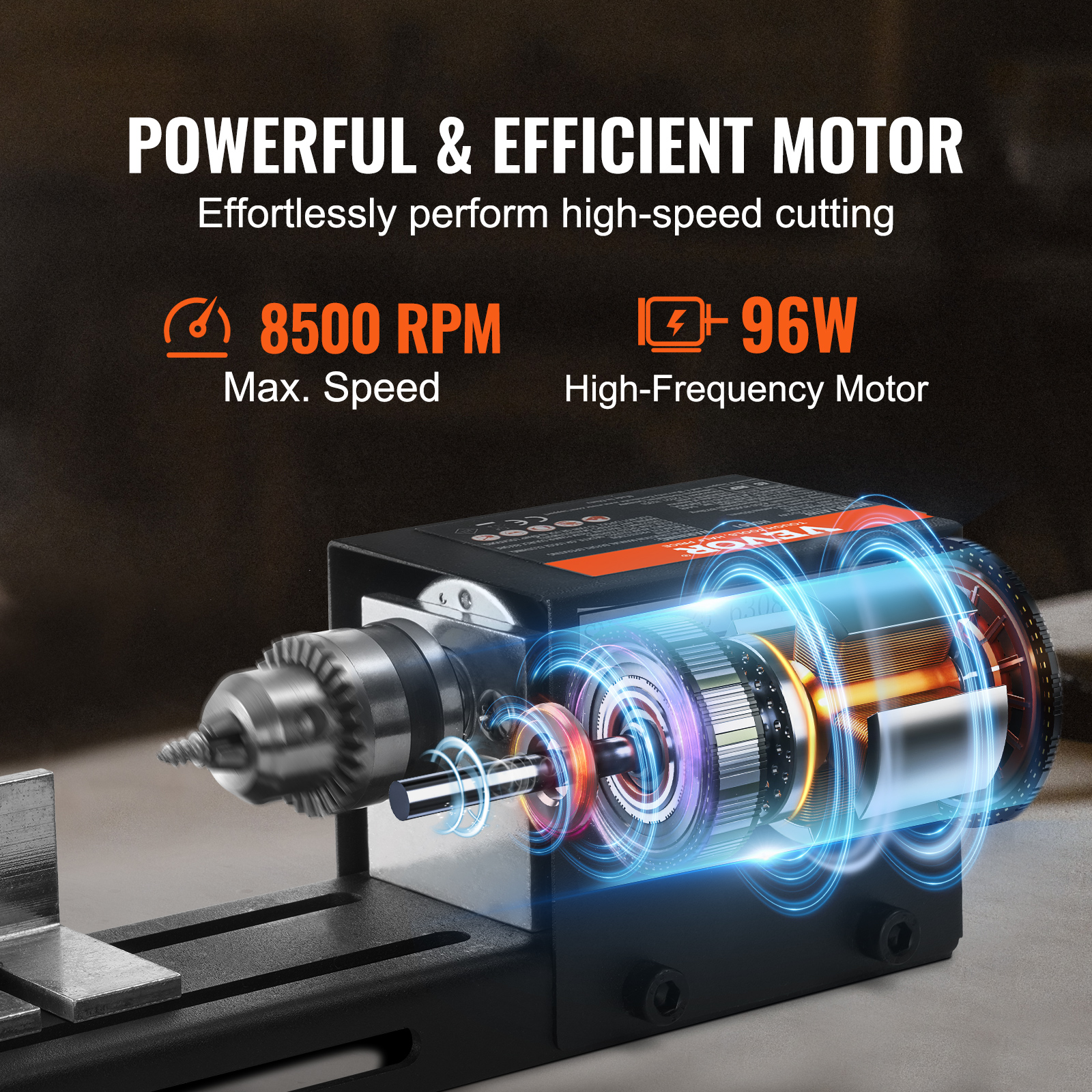 Un gráfico de motor muestra 8500 RPM máx. y 96W de potencia.