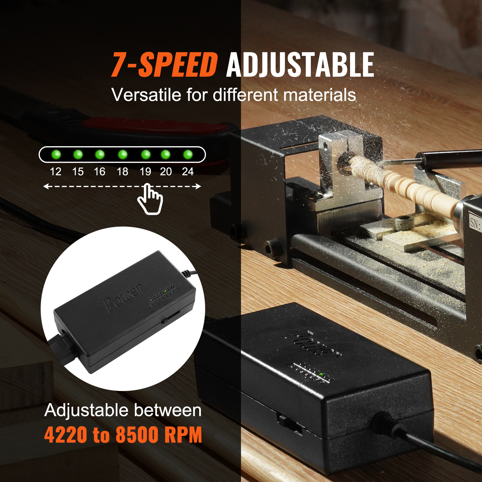 Un torno da forma a la madera con un adaptador ajustable de 7 velocidades, mostrando niveles y RPM.