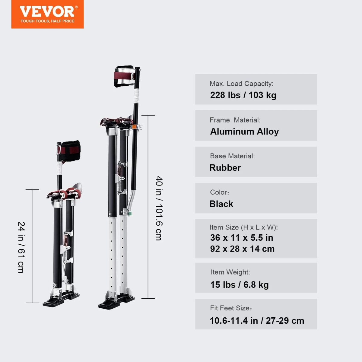 Zancos de aluminio negro con especificaciones como 103 kg de carga.