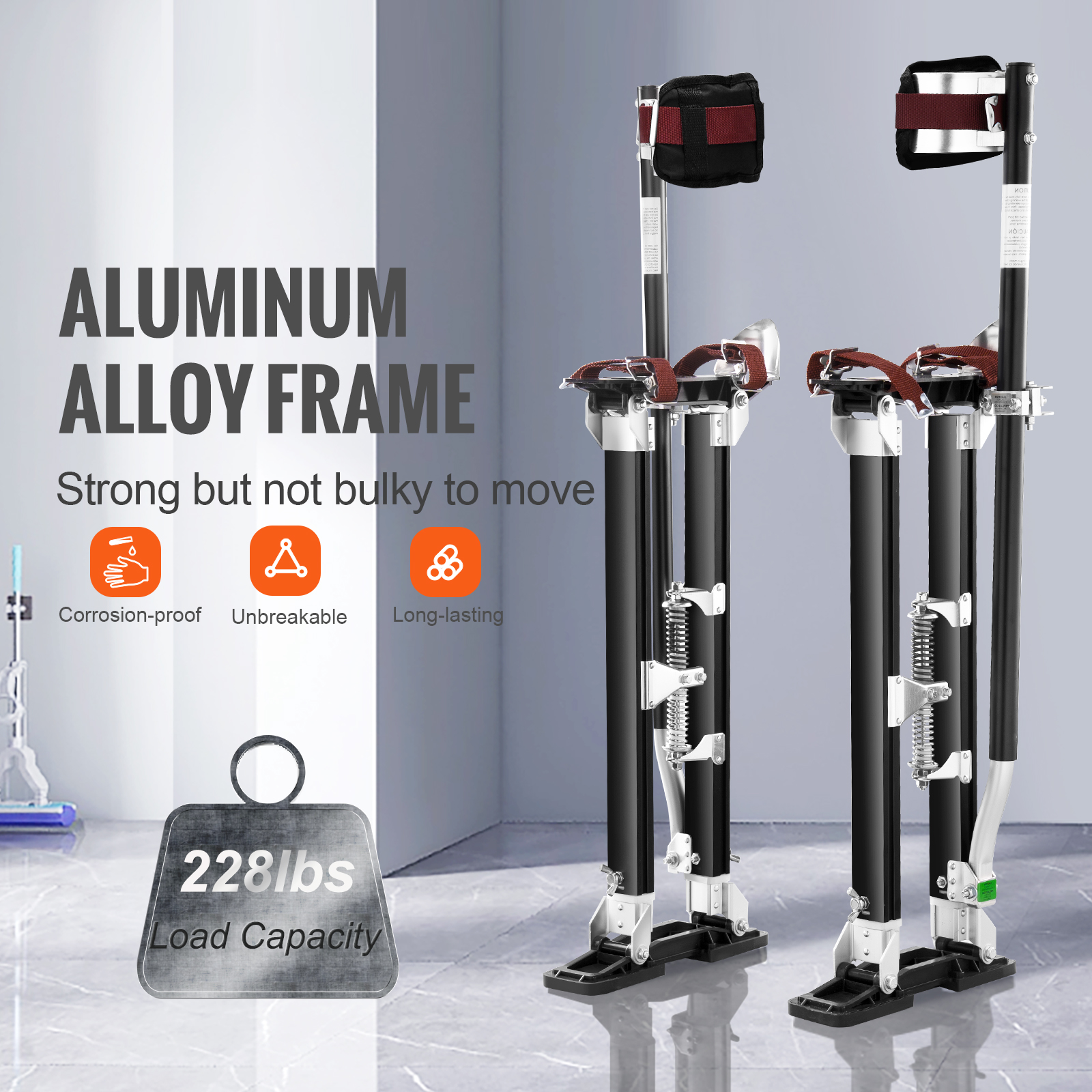 Dos zancos de aluminio negro para paneles de yeso con capacidad de 228 libras frente a una pared gris.