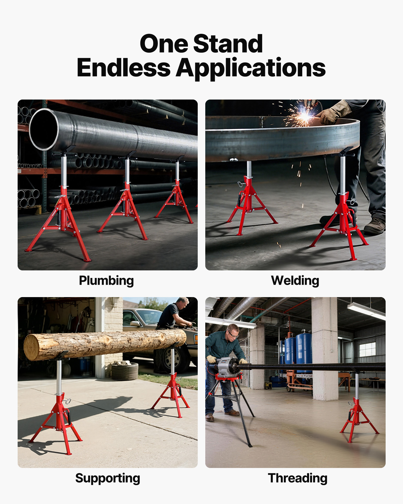 Cuatro imágenes muestran soportes metálicos rojos usados para fontanería, soldadura, soporte y roscado.