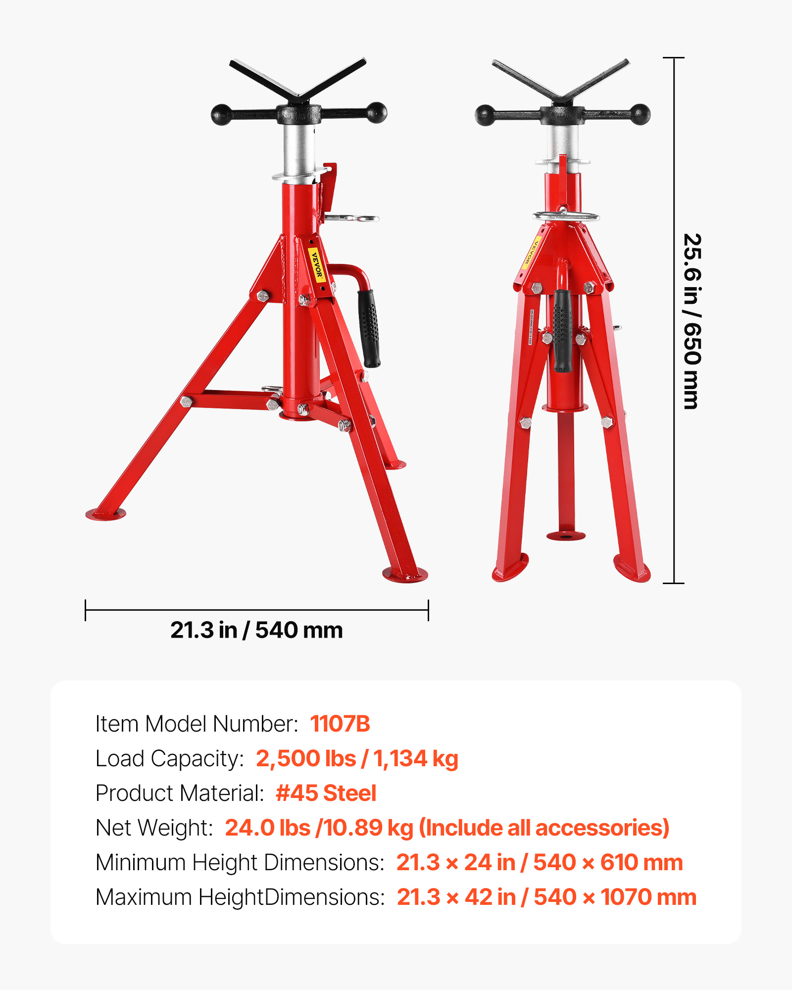 Dos soportes para tubos rojos con cabezal en V y especificaciones.