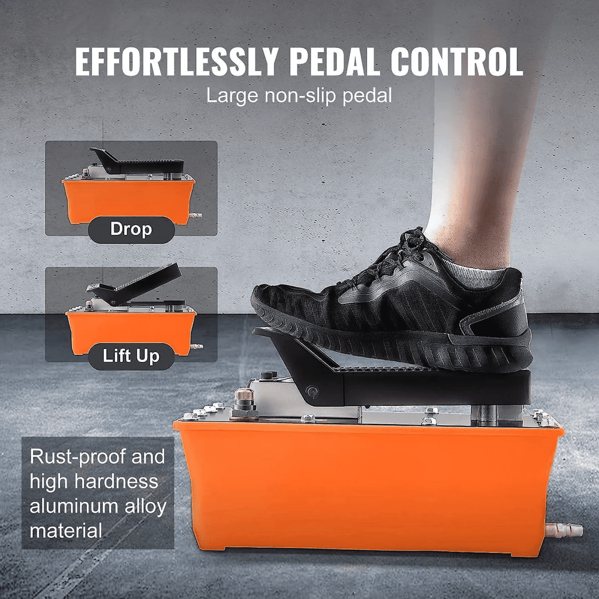 Un pie con zapatilla negra presiona el pedal de una bomba naranja.