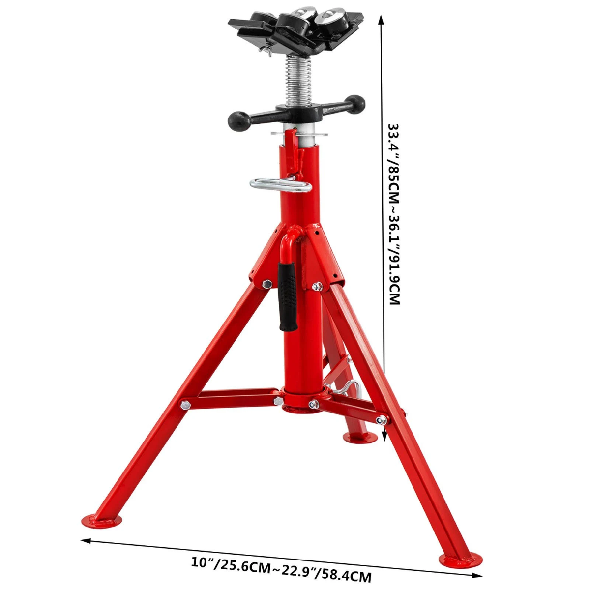 Un soporte para tuberías rojo con tres patas, altura ajustable y cabezal de rodillos en V.