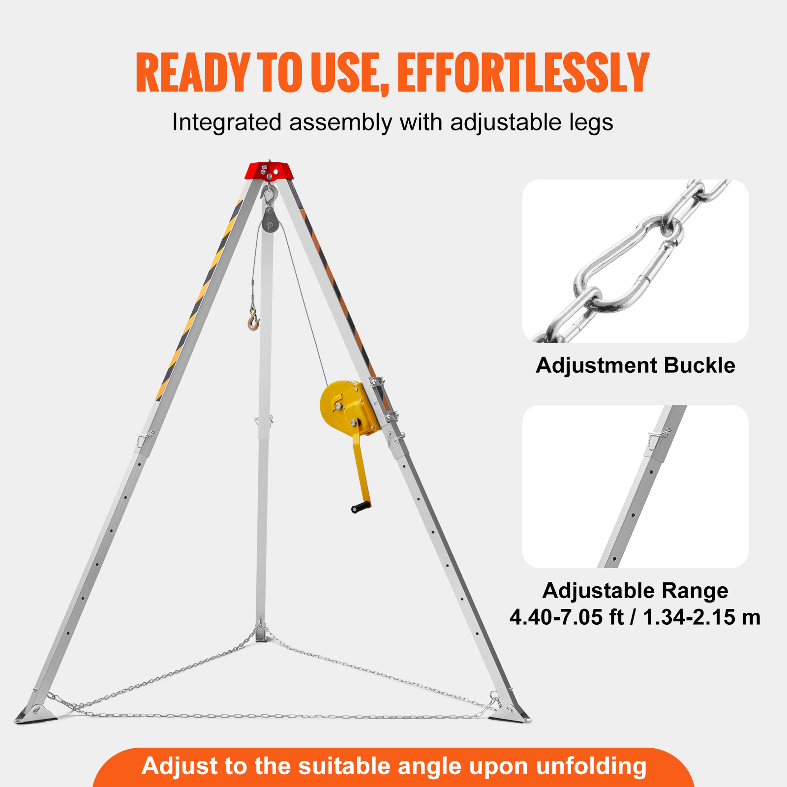 Trípode de seguridad de aluminio con cabrestante, patas ajustables y cadena para rescate.