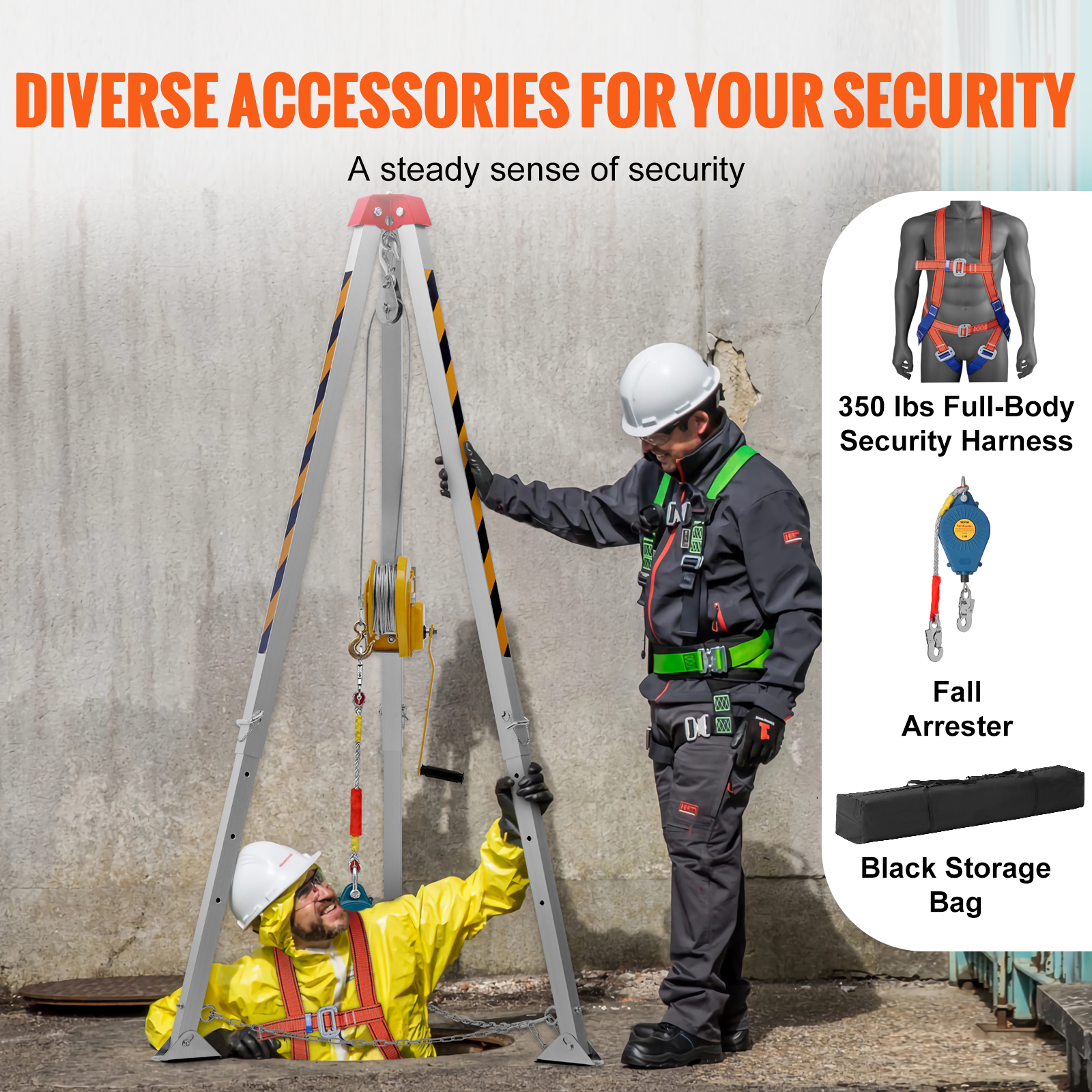 Equipo de seguridad con trípode, arnés y accesorios anticaídas.