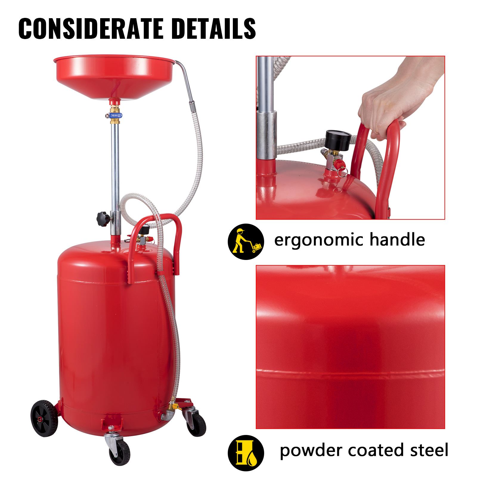 Tanque de drenaje de aceite rojo con ruedas, embudo y mango ergonómico.