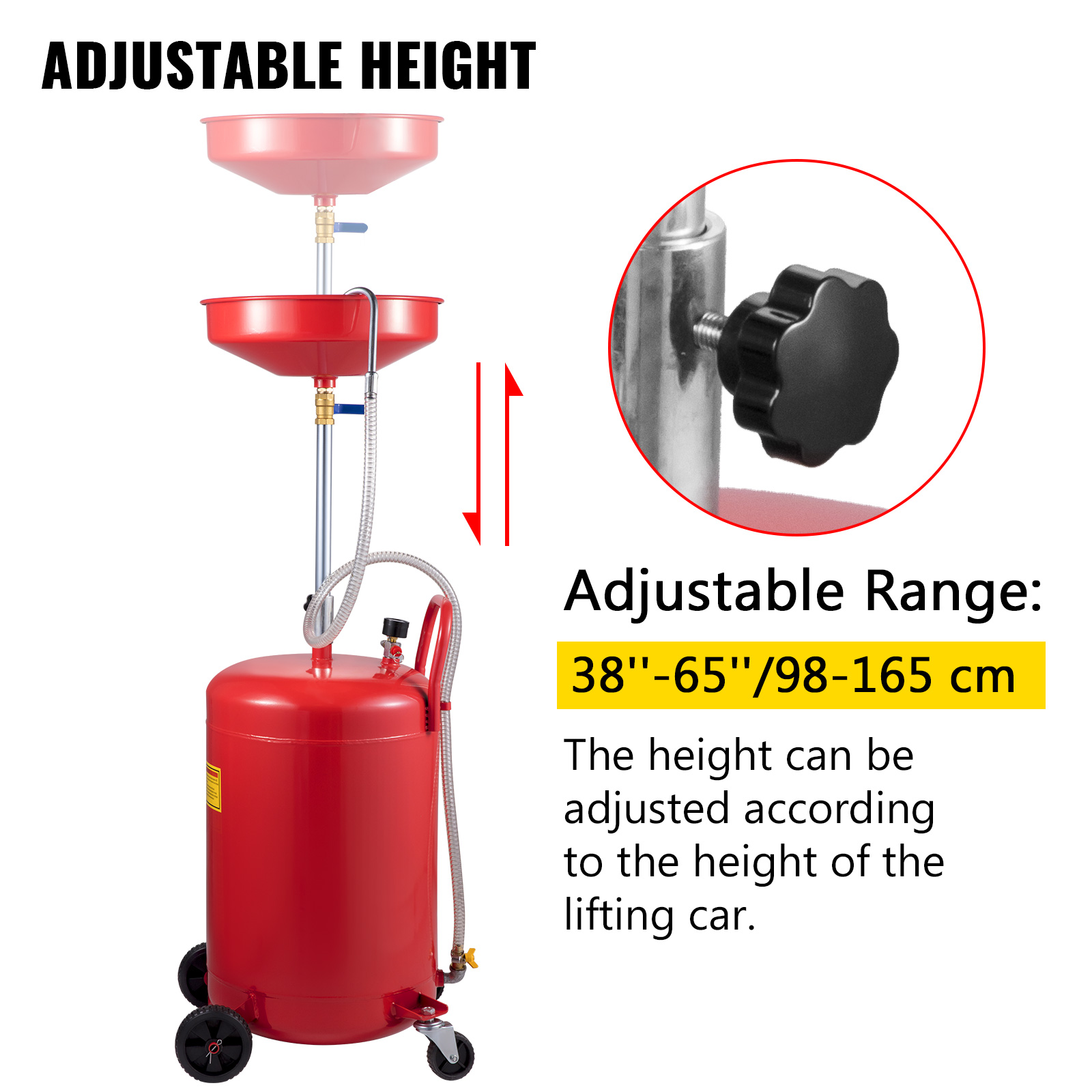 Tanque de drenaje de aceite móvil rojo con altura ajustable de 38 a 65 pulgadas.