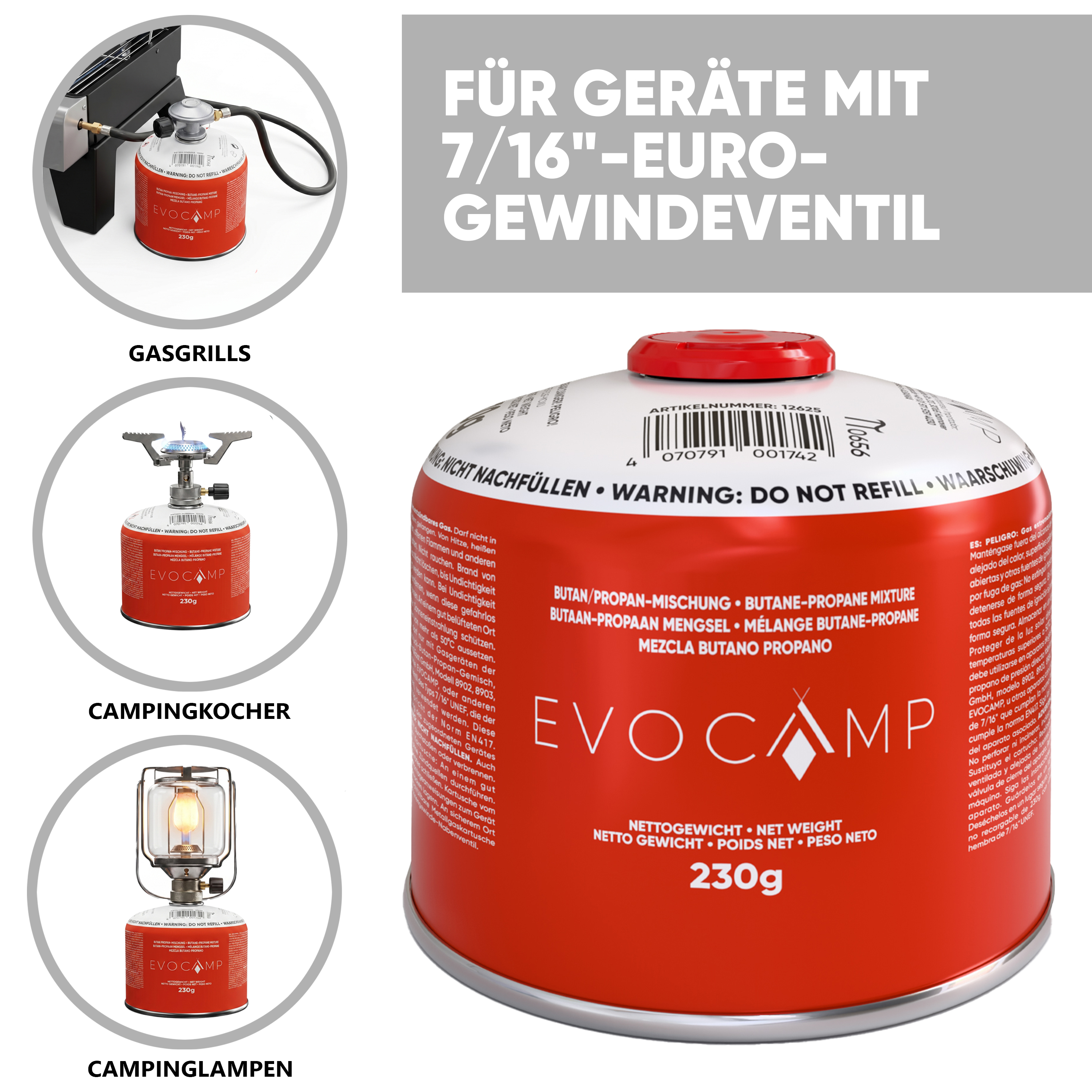 Rote Evocamp Gaskartusche mit Text und drei Anwendungsbeispielen für Grills, Kocher und Lampen.