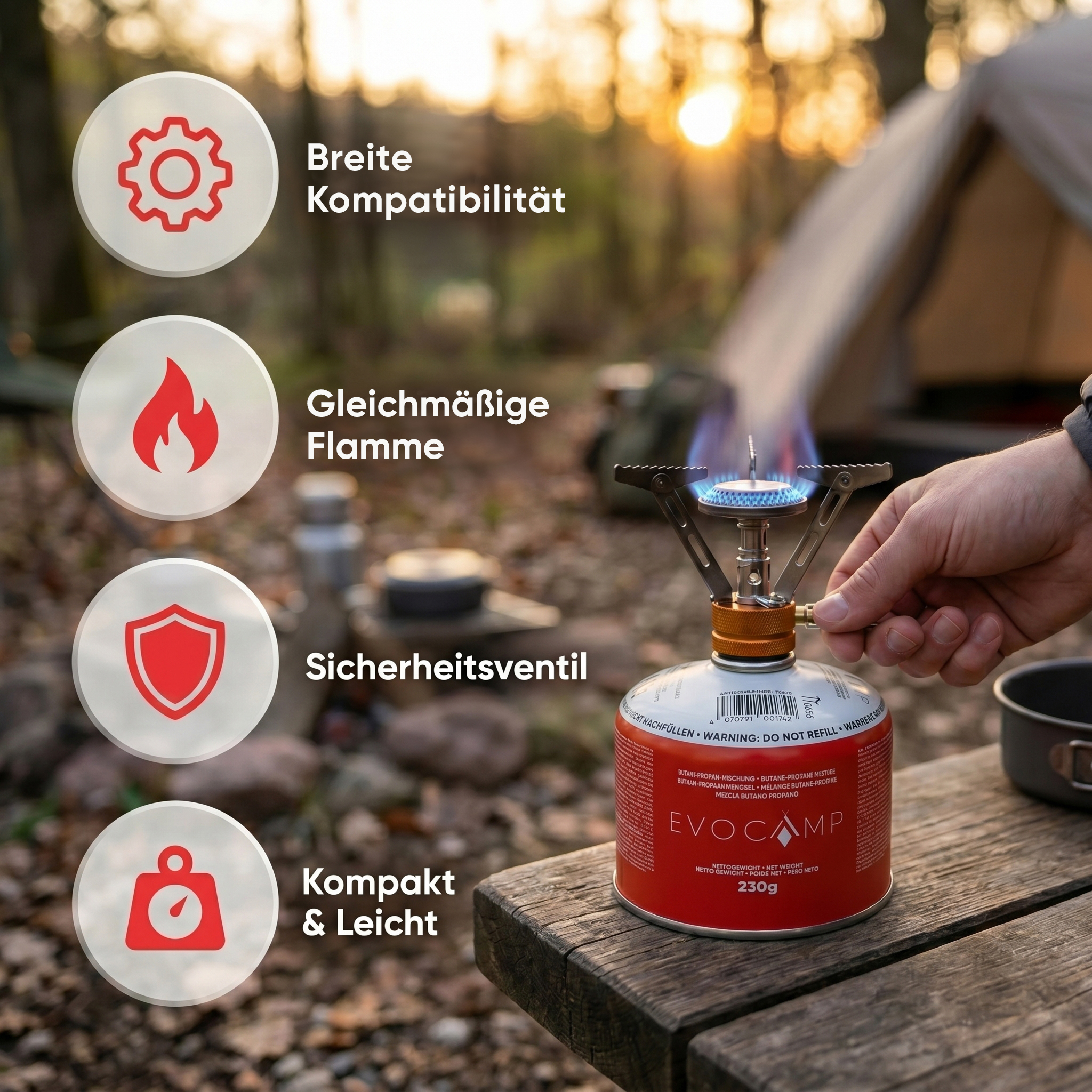 Ein Gaskocher mit blauer Flamme steht auf Holz, links Symbole für Eigenschaften.