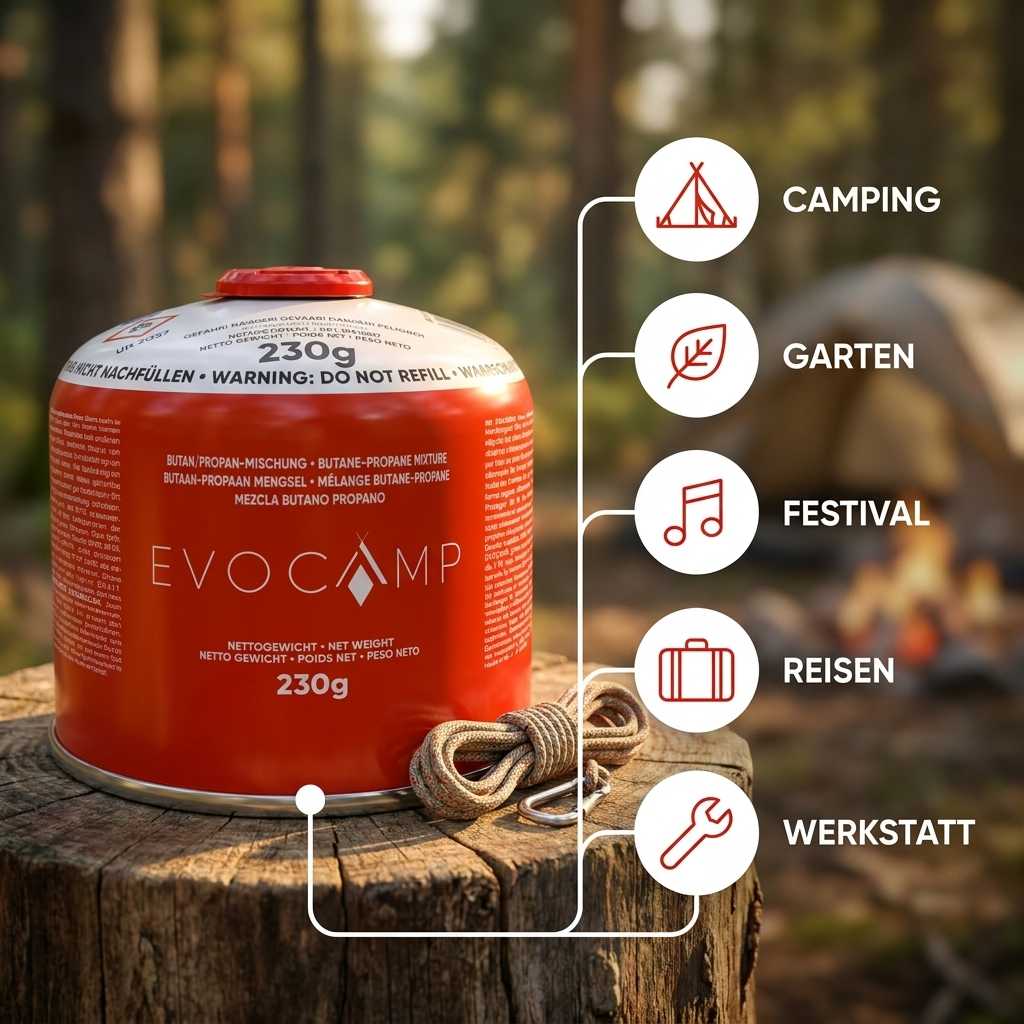 Rote Evocamp Gaskartusche auf Holzstumpf im Wald, mit Icons für Camping, Garten, Festival, Reisen und Werkstatt.