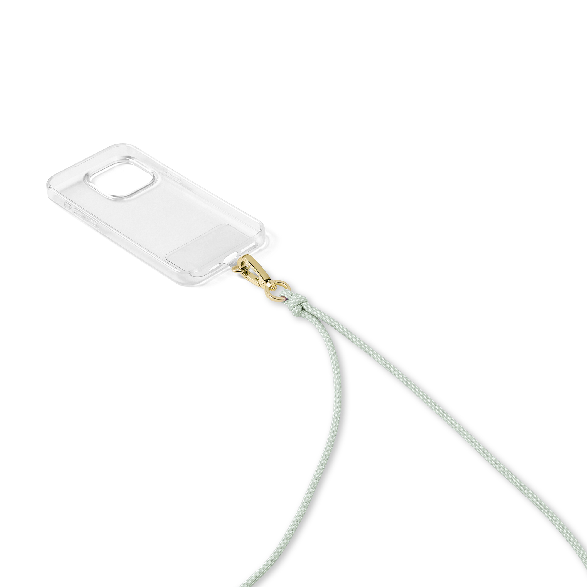 Eine transparente Handyhülle mit goldenem Verschluss und hellgrünem Stoffband auf weißem Hintergrund.
