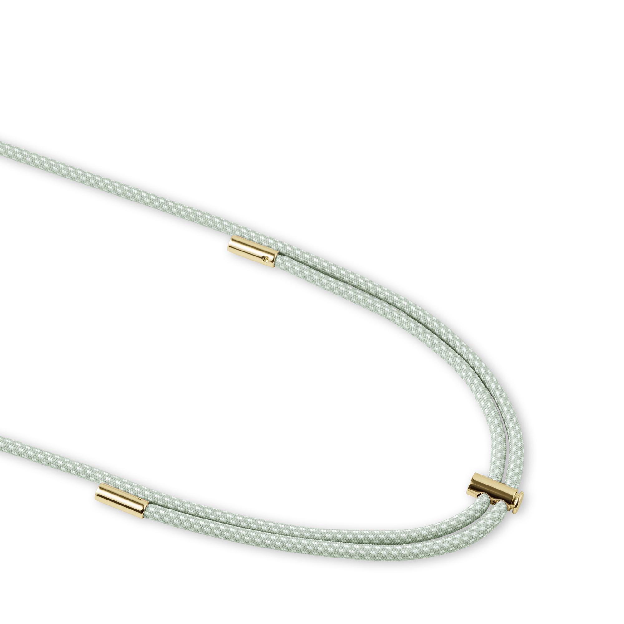 Ein mintgrünes geflochtenes Band mit goldenen Metallakzenten und Endkappen auf weißem Hintergrund.