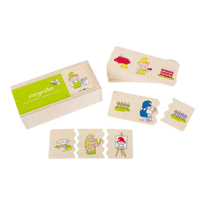 Un juego educativo de madera llamado cognito con coloridas tarjetas de rompecabezas que muestran gnomos.