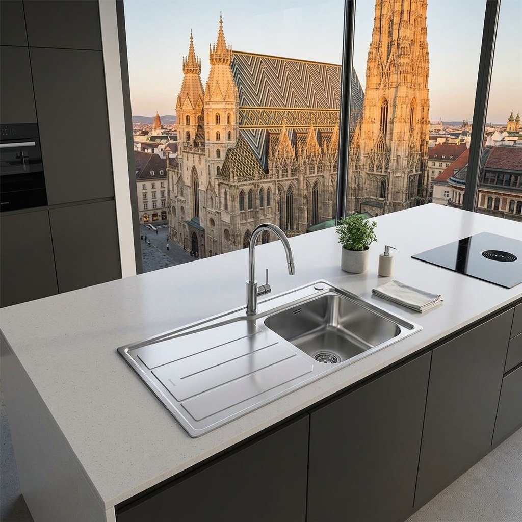 Cucina moderna con piano di lavoro bianco, lavello e vista su una cattedrale gotica attraverso una grande finestra.