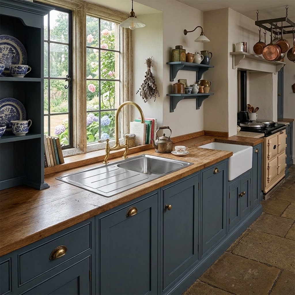 Accogliente cucina con mobili blu, piani di lavoro in legno, lavello in acciaio inox e vista giardino.
