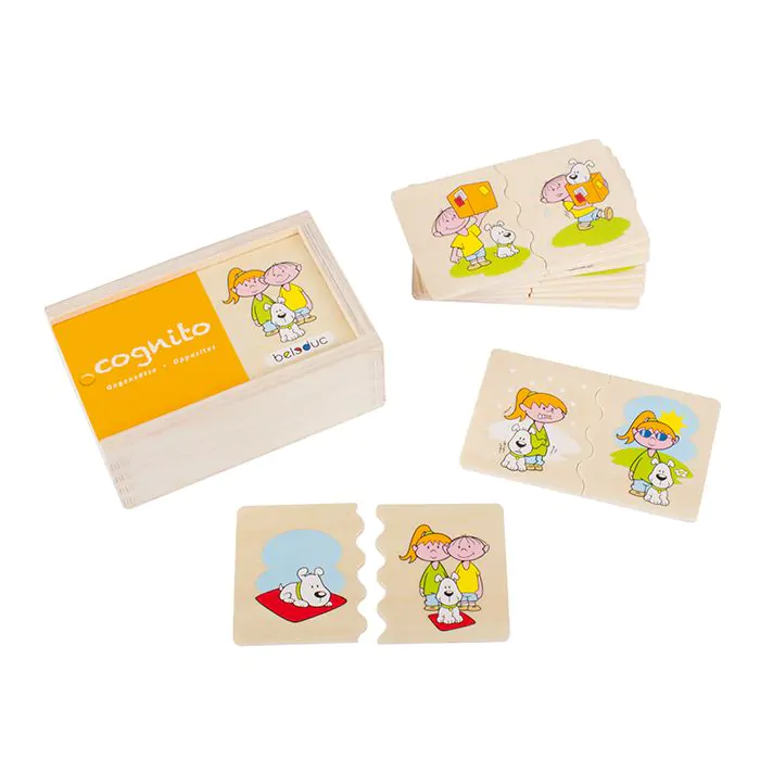 Caja de madera con impresioÌn cognito y piezas de puzzle educativas con dibujos de ninÌos.