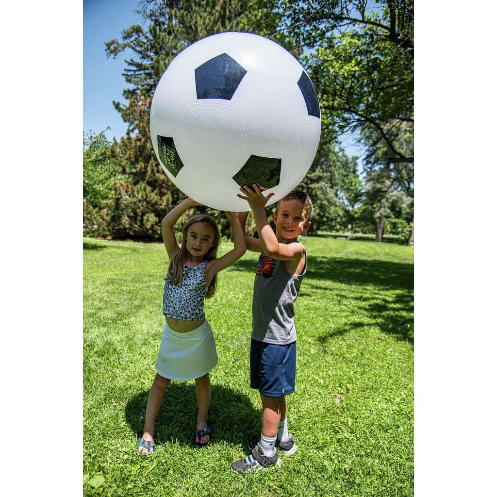 Zwei Kinder halten draußen auf einer grünen Wiese einen sehr großen schwarz-weißen Ball hoch.