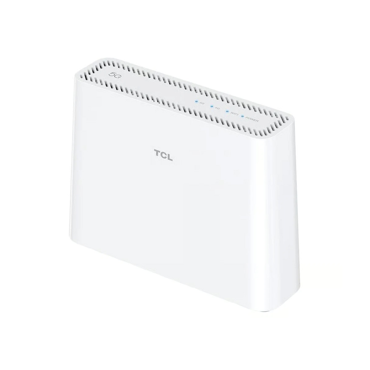 Ein weißer TCL 5G-Router steht auf einer weißen Oberfläche mit Belüftungsschlitzen und Statusleuchten.