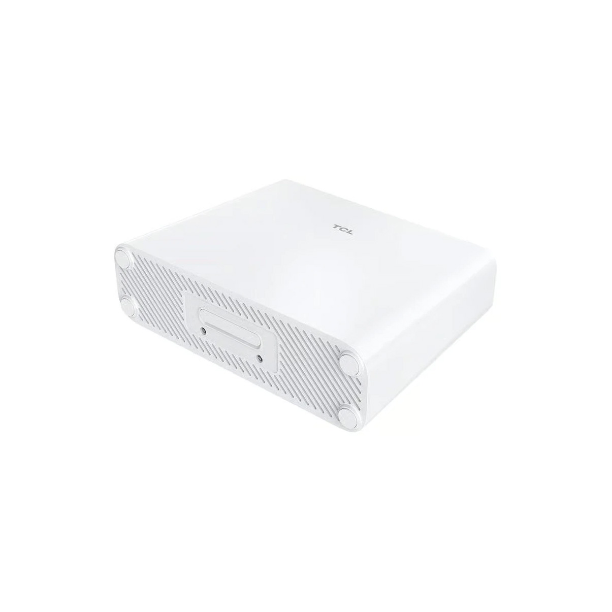 Ein weißer, rechteckiger TCL-Subwoofer steht schräg mit gerillter Front und vier Füßen.