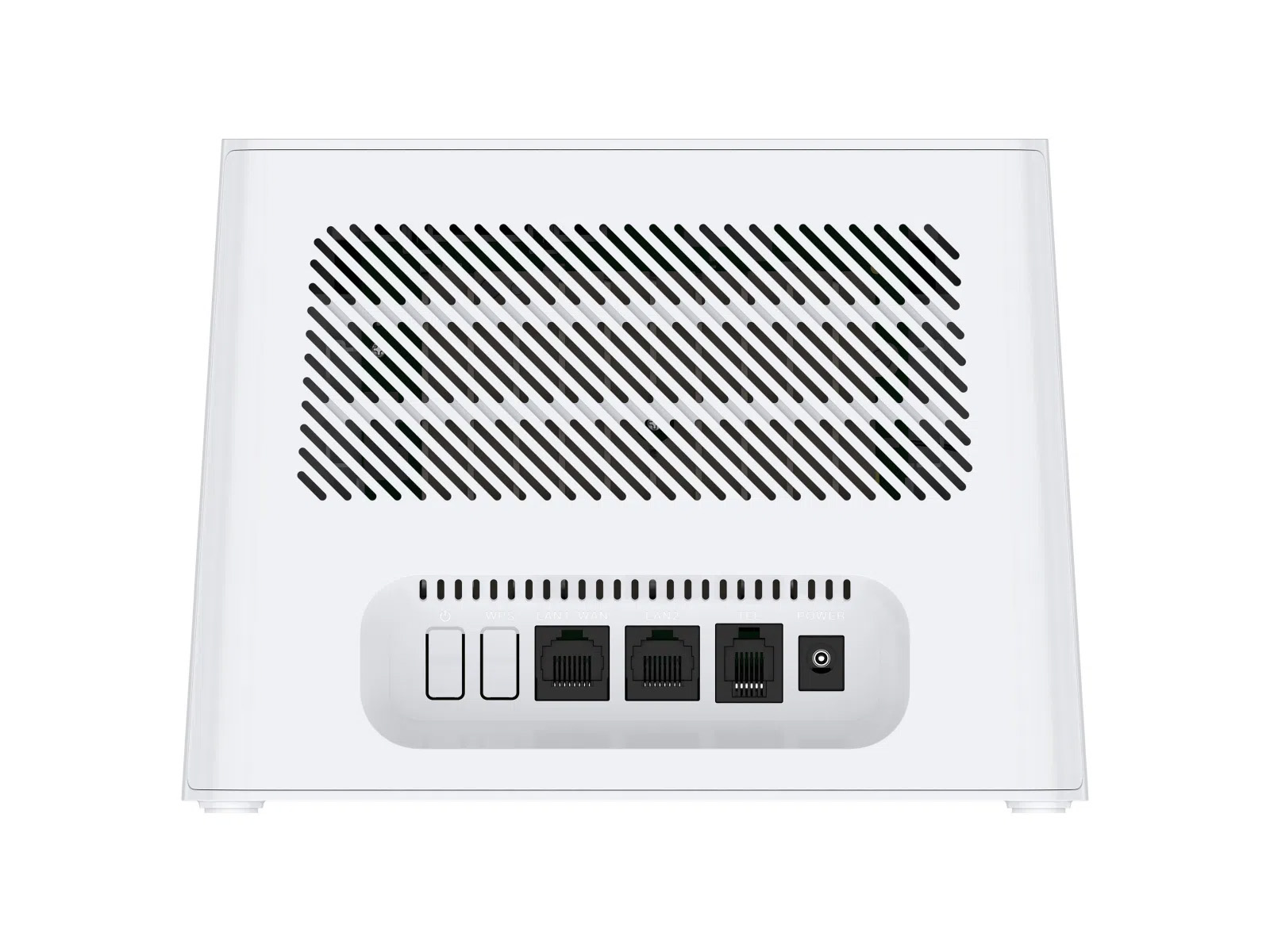 Rückseite eines weißen Routers mit Lüftungsschlitzen, Anschlüssen und Tasten.