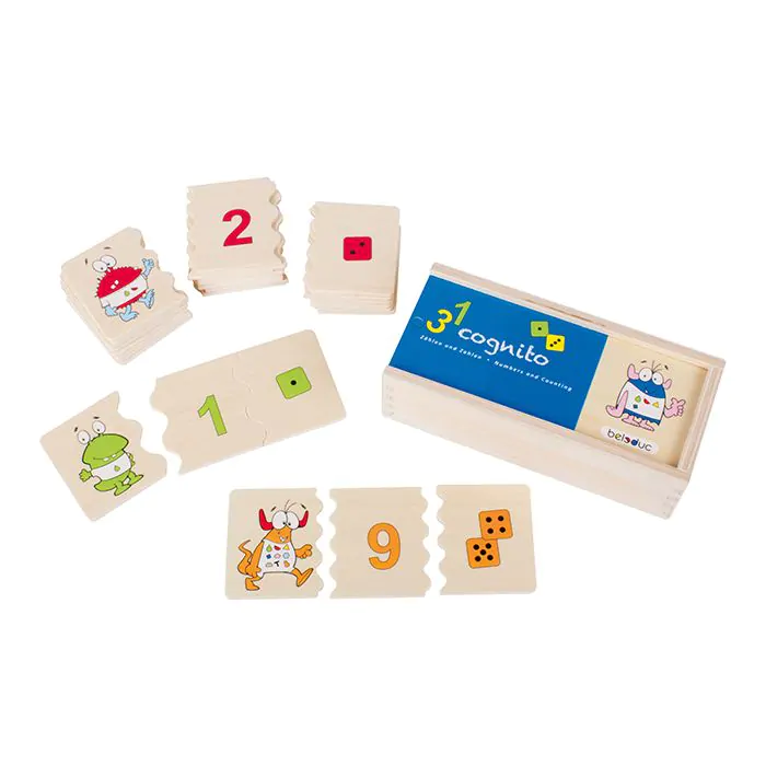 Un juego educativo de madera con números, dados y personajes de dibujos animados en piezas de rompecabezas.