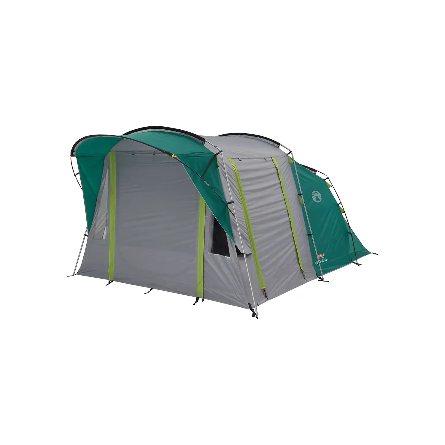 Ein großes grau-grünes Campingzelt mit einem erweiterten Vordach vor weißem Hintergrund.