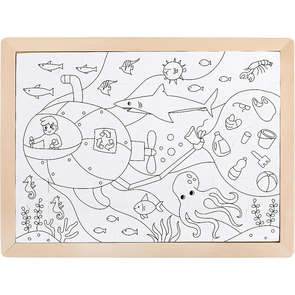 Schwarz-Weiß-Ausmalbild mit Unterwasserszene, U-Boot, Meeres Tieren und Müll im Wasser.