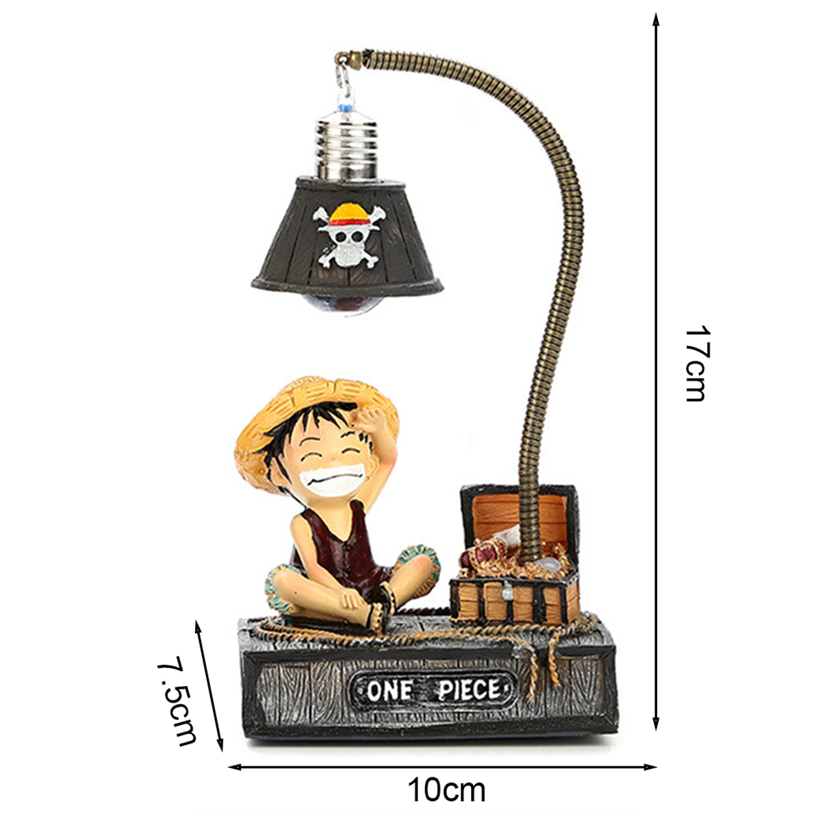 One Piece Lampe mit Luffy Figur, einer Schatztruhe und Maßen von 17cm Höhe, 10cm Breite und 7.5cm Tiefe.