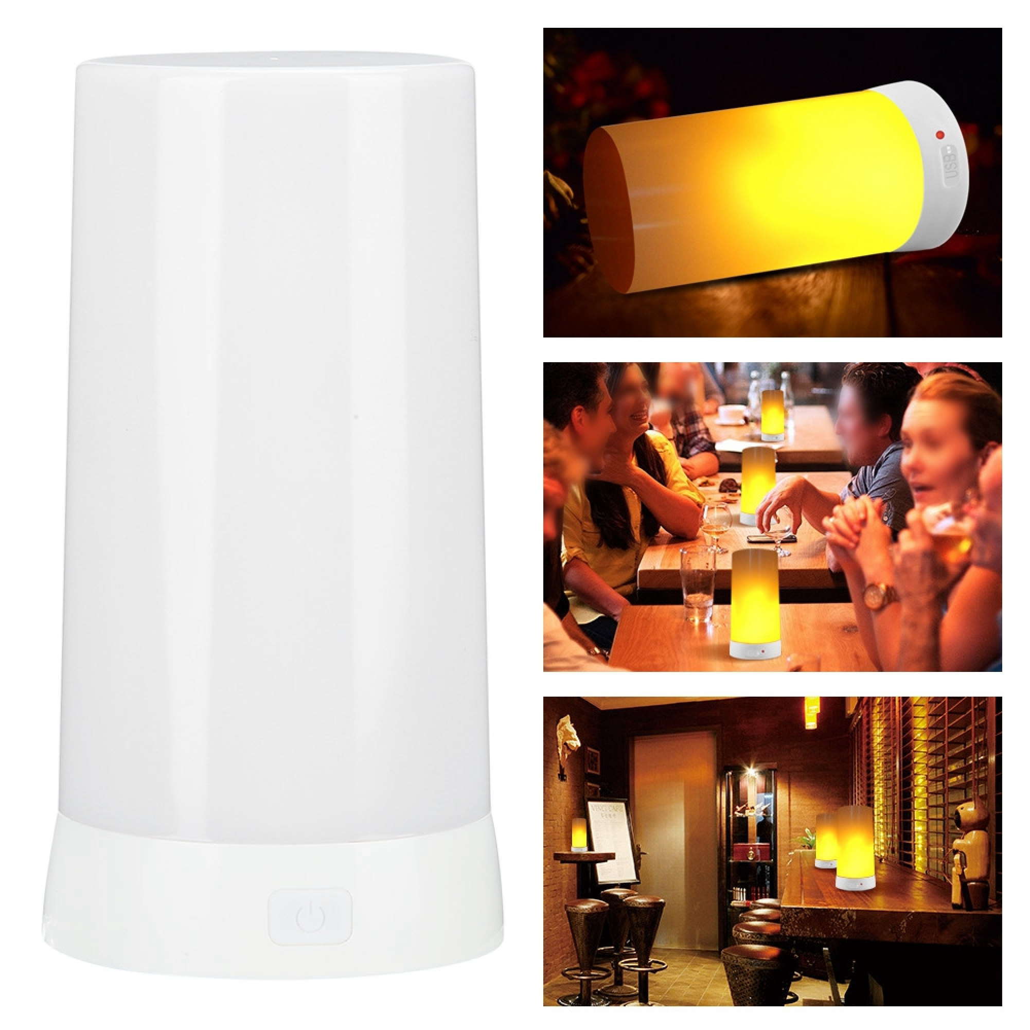 Eine zylindrische, weiße Lampe mit orangem LED-Licht, gezeigt auf Produktbildern und in verschiedenen Räumen.