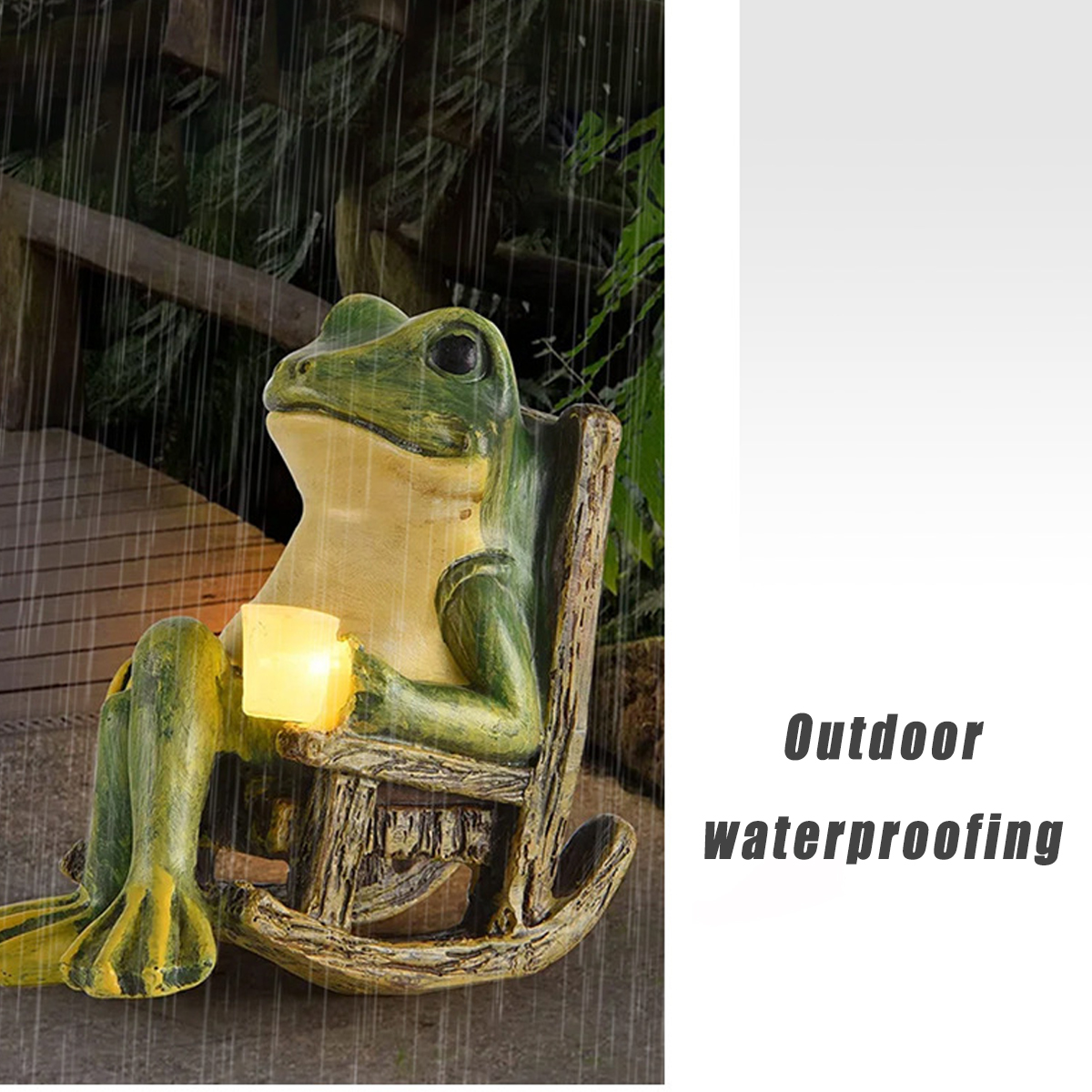 Eine grüne Froschfigur sitzt im Regen in einem Schaukelstuhl und hält eine leuchtende gelbe Tasse.