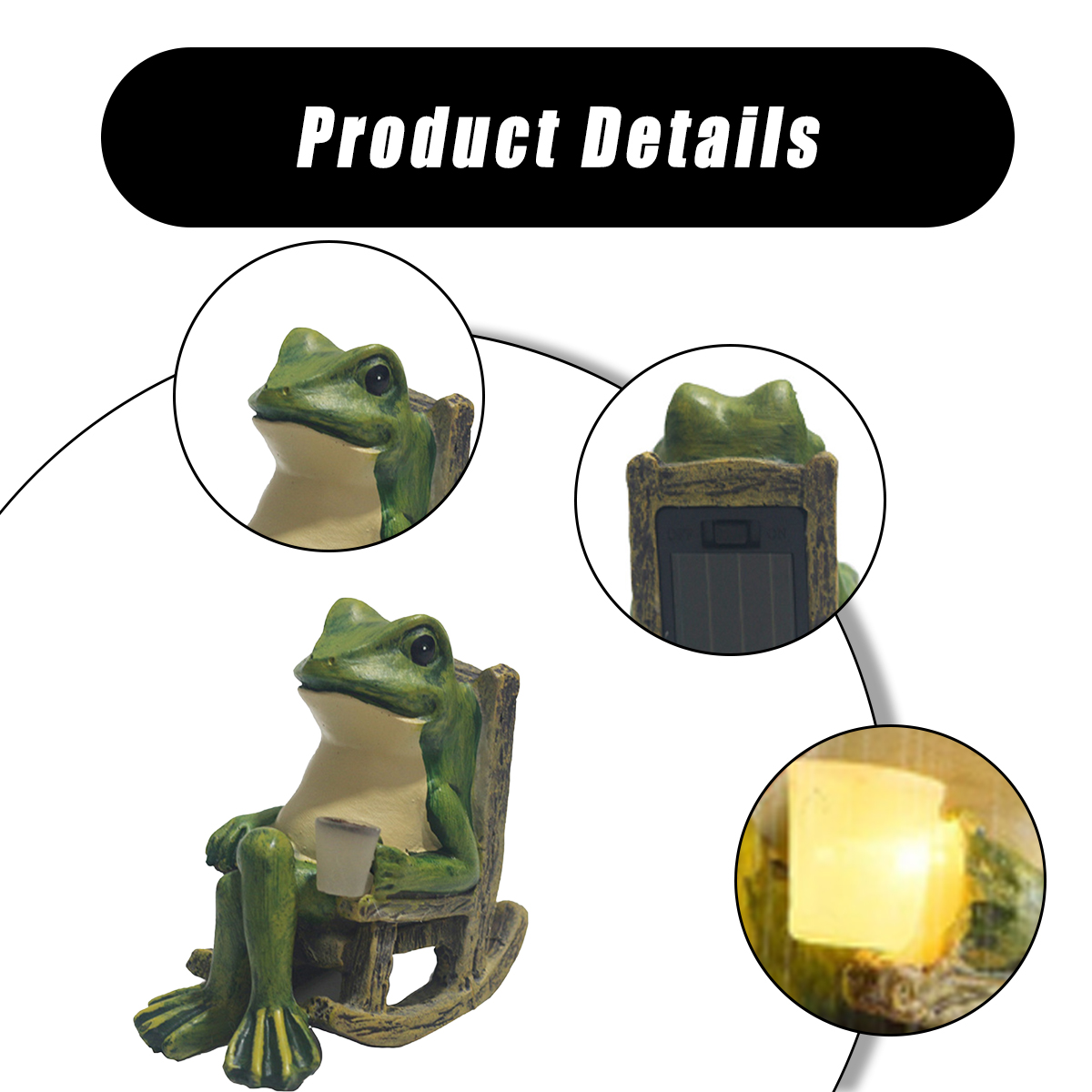 Produktdetails zeigen eine grüne Frosch-Figur in einem Schaukelstuhl mit Tasse, Solarpanel und beleuchteter Tasse.