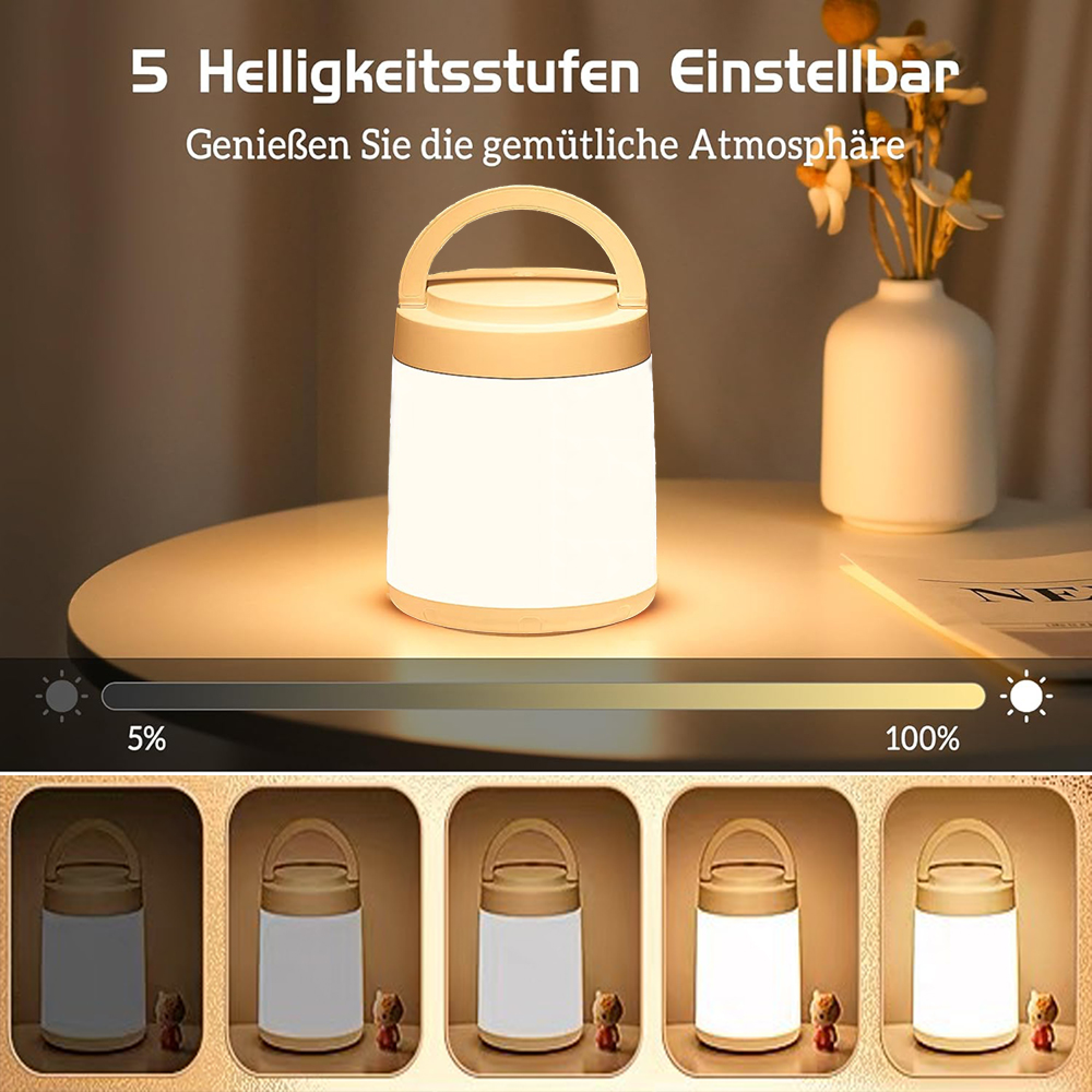Tragbare weiße Lampe auf weißem Tisch mit 5 Helligkeitsstufen.