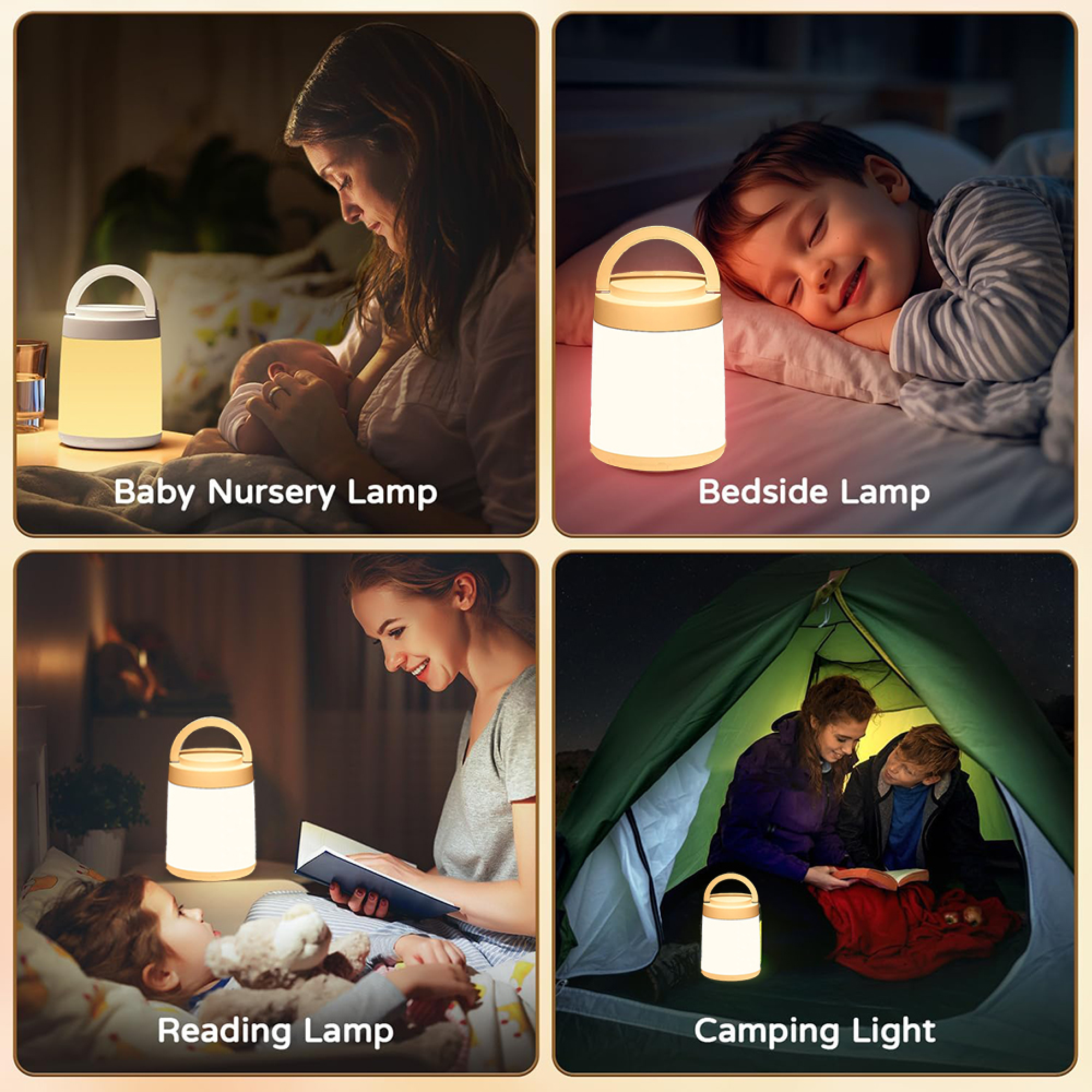Vier Felder zeigen eine tragbare gelbe Nachtlampe als Still-, Bett-, Lese- und Campinglampe.
