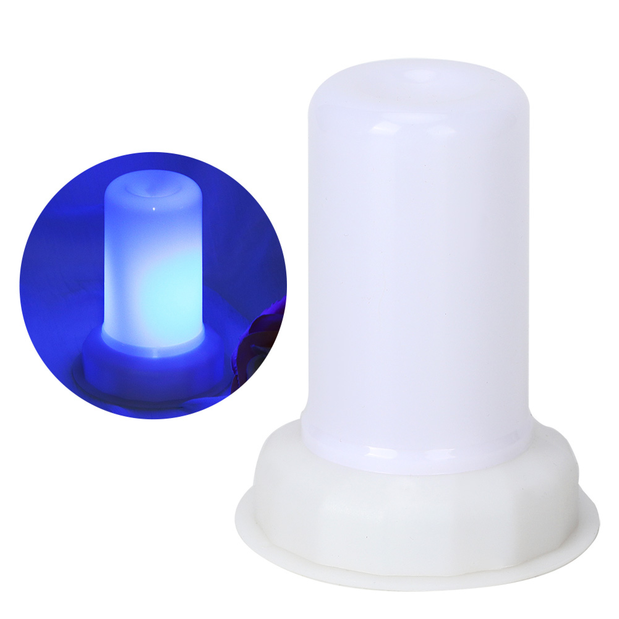 Eine weiße zylindrische Lampe mit breiter Basis, links mit blauem Licht beleuchtet.