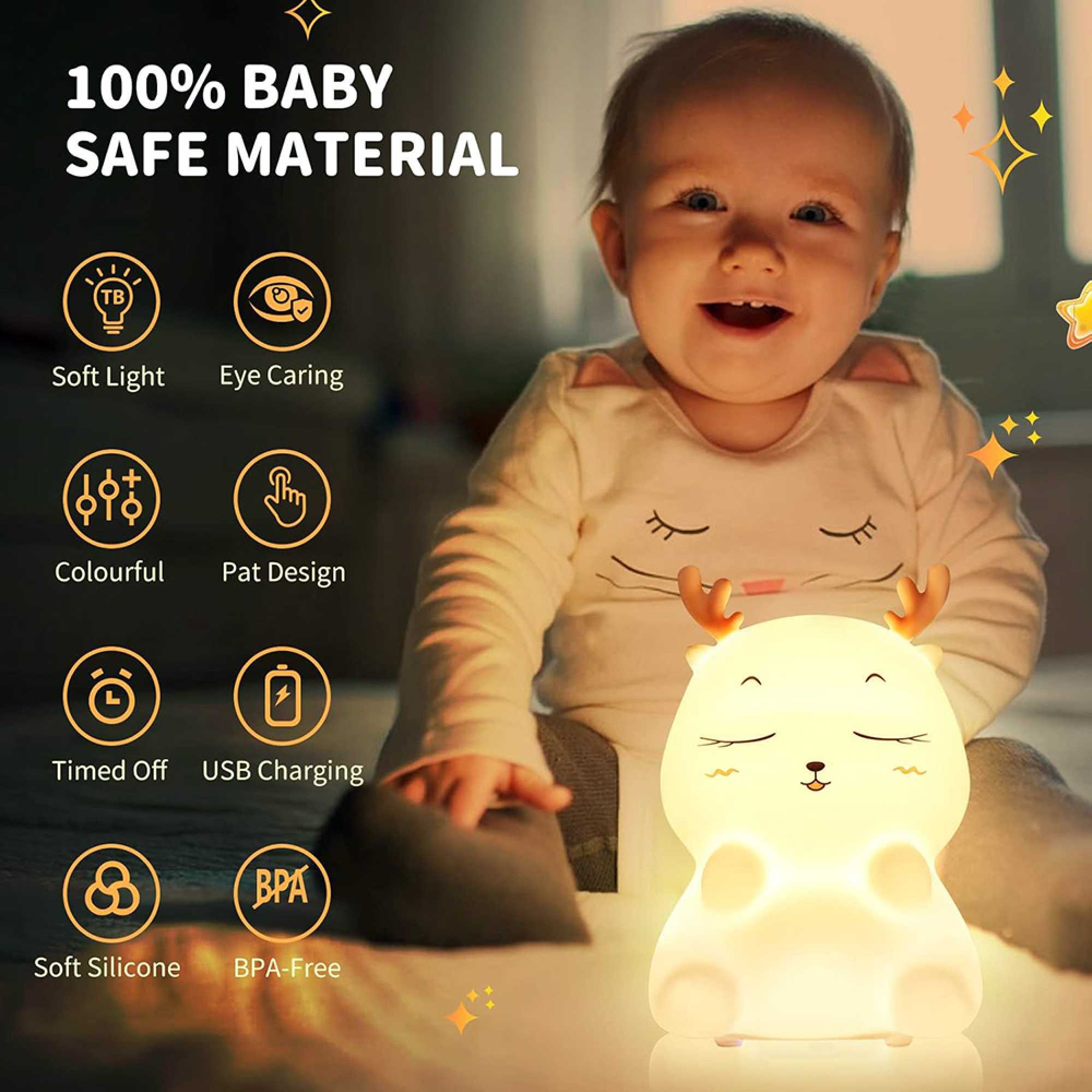 Glückliches Baby neben einem leuchtenden Rentier-Nachtlicht, mit Text über sicheres Material und Funktionen.