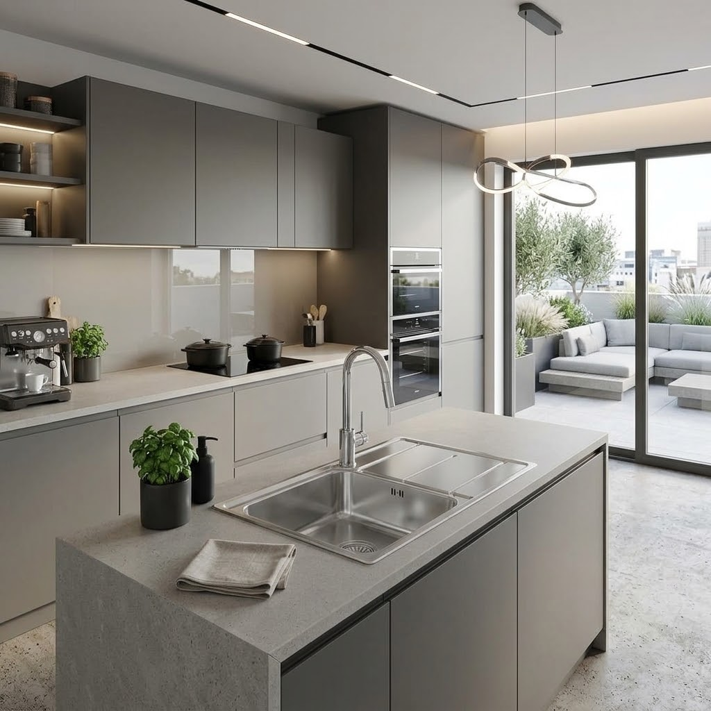Moderna cucina grigia con isola, lavello, macchina da caffè e vista su terrazza.