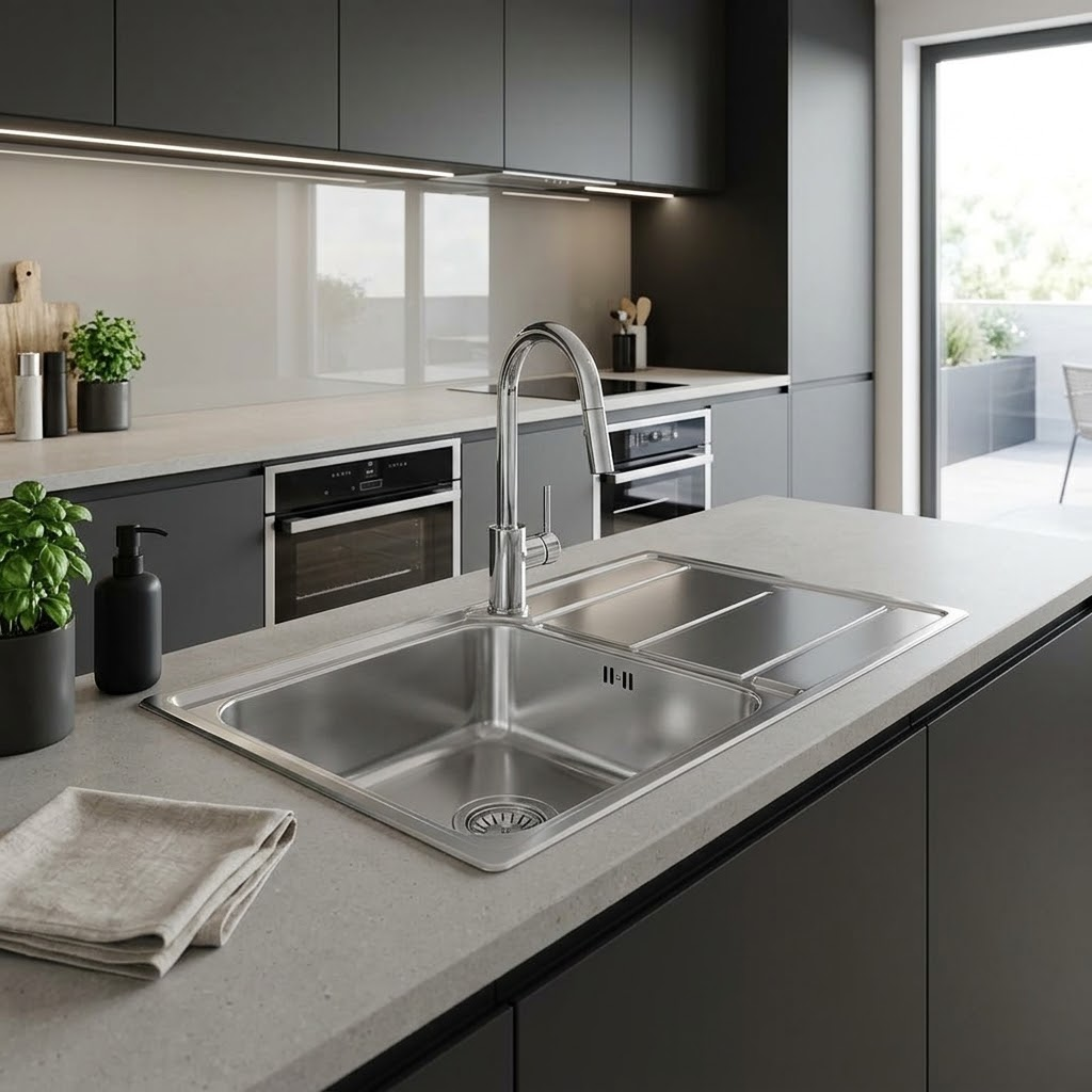 Cucina moderna con lavello in acciaio inox su isola grigia, mobili neri e forno sullo sfondo.