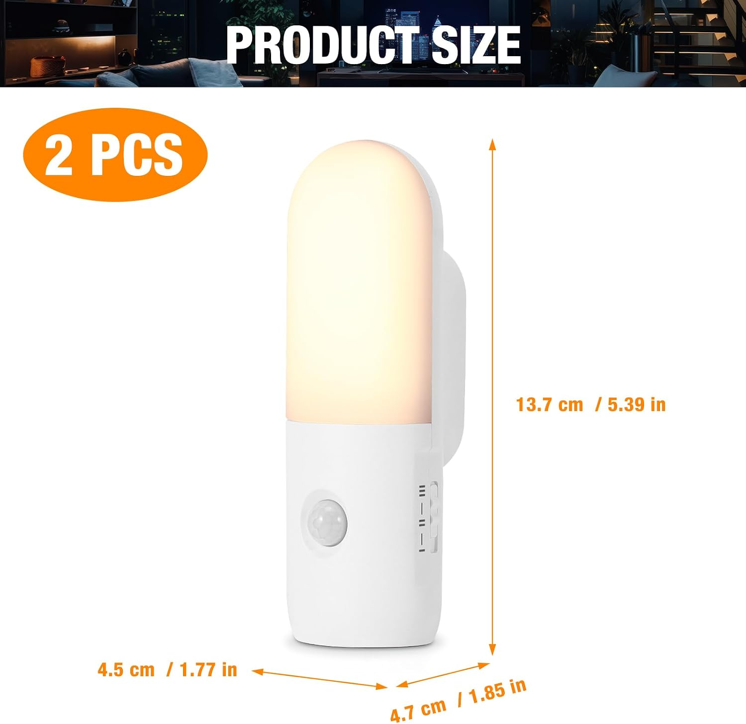 Produktgröße einer weißen LED-Nachtleuchte mit Maßen: 13,7 cm Höhe und 4,7 cm Breite.