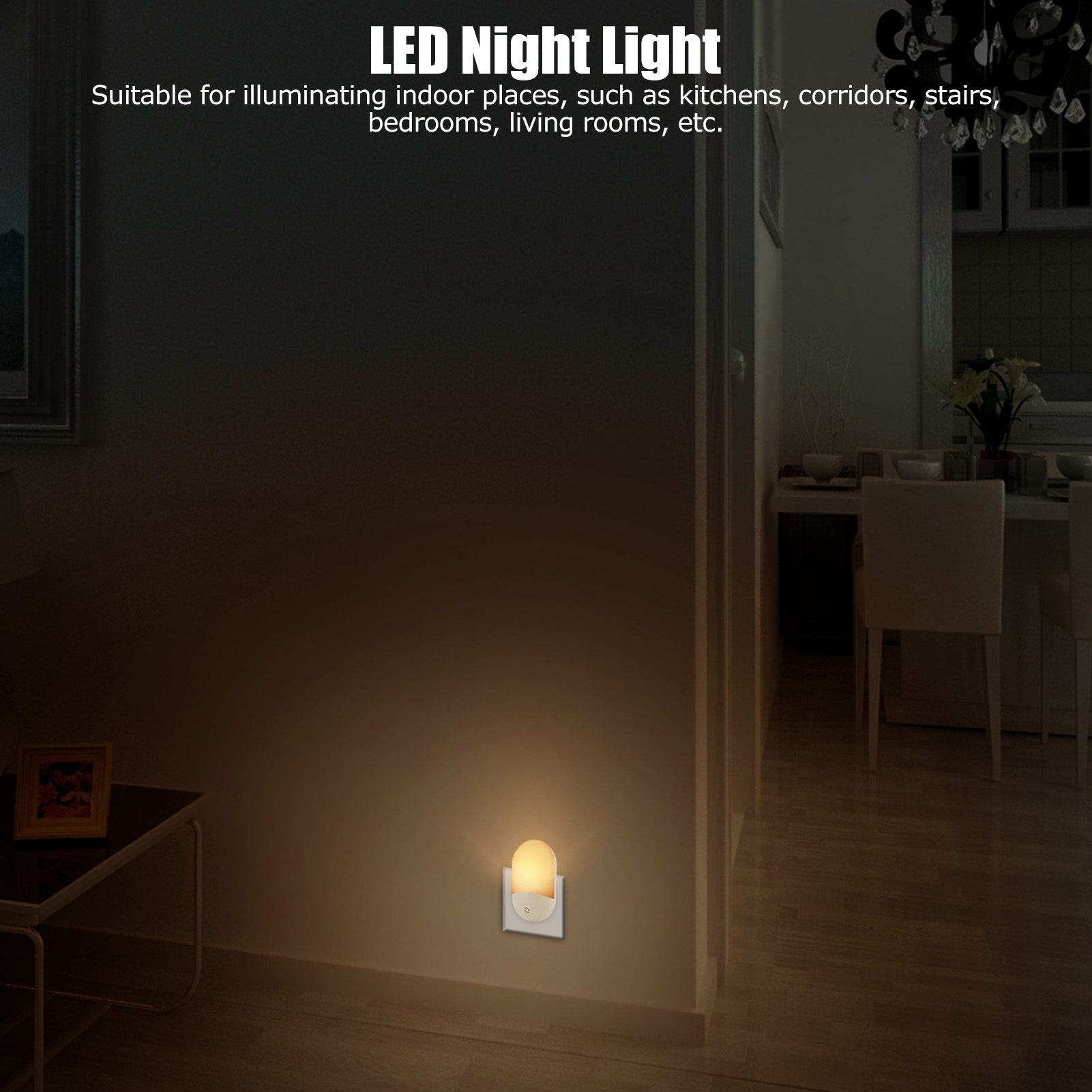 Ein LED-Nachtlicht in einer Flurwand steckt und ein warmes Licht wirft.