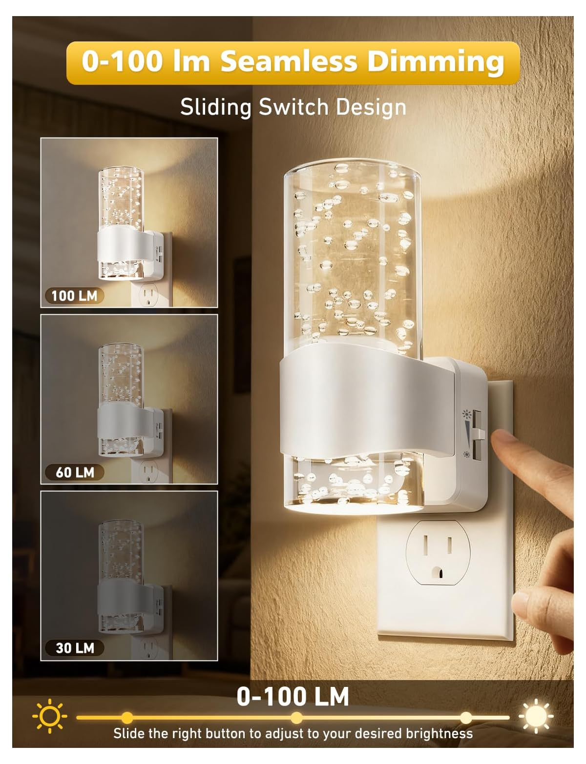 Wandlampe mit Dimmer im Wandstecker, zeigt verschiedene Helligkeiten von 30 bis 100 Lumen.