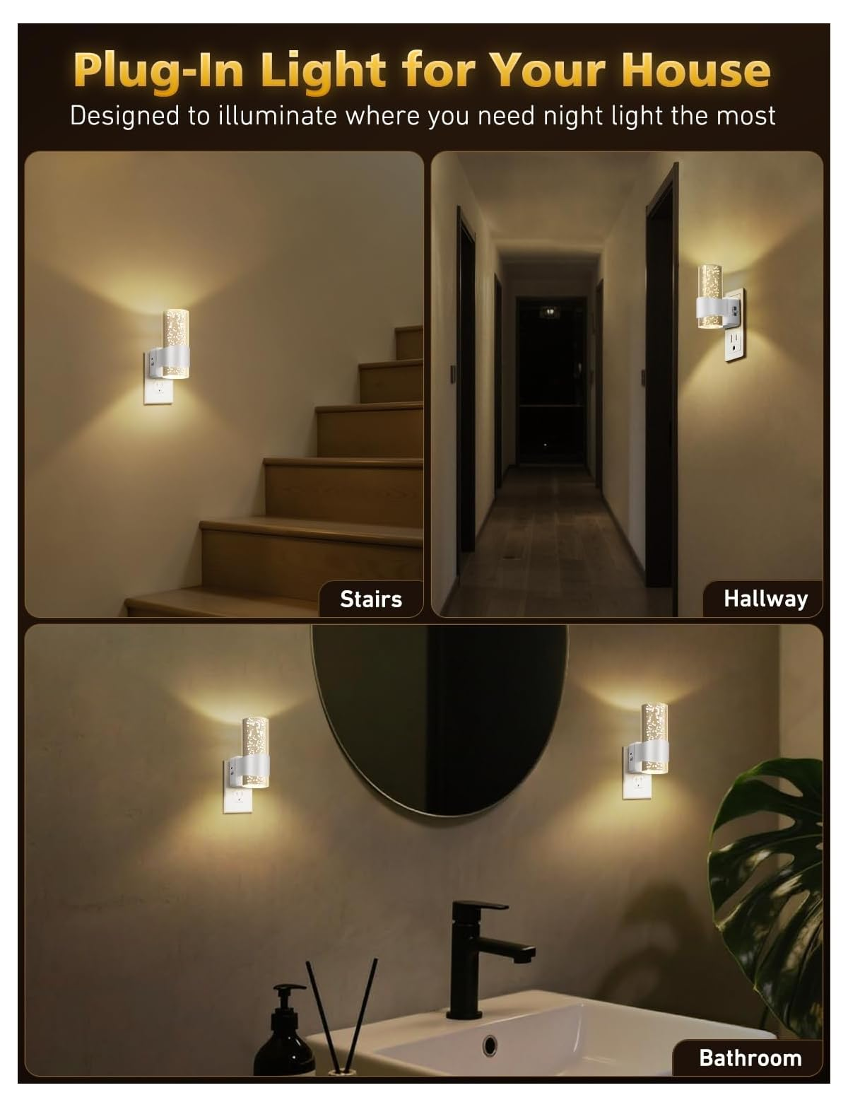 Plug-in-Nachtlichter beleuchten eine Treppe, einen Flur und ein Badezimmer.