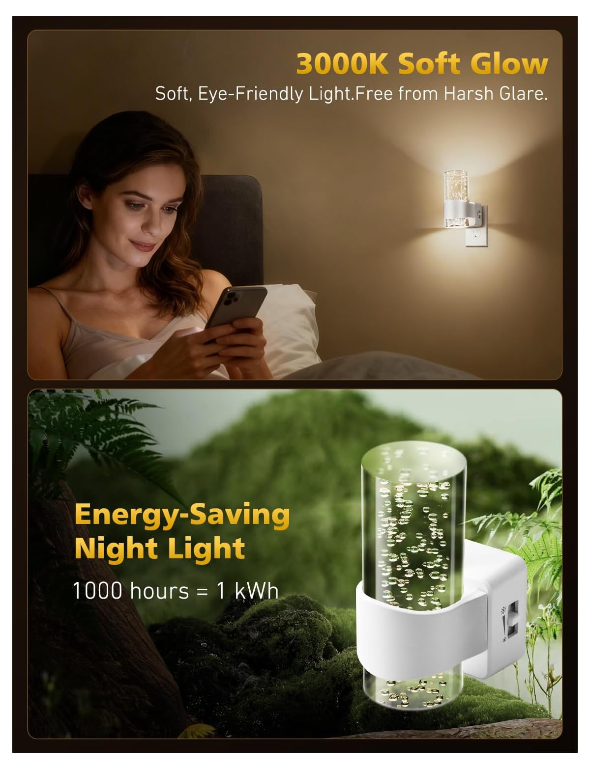 Ein sanft leuchtendes Nachtlicht in der Steckdose, oben eine Frau am Handy, unten eine Energiespar-Anzeige.