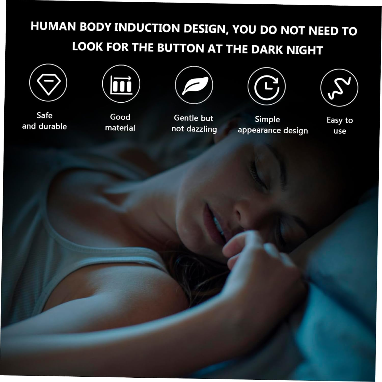 Eine Frau schläft friedlich im Bett, begleitet von fünf Produktmerkmalen.