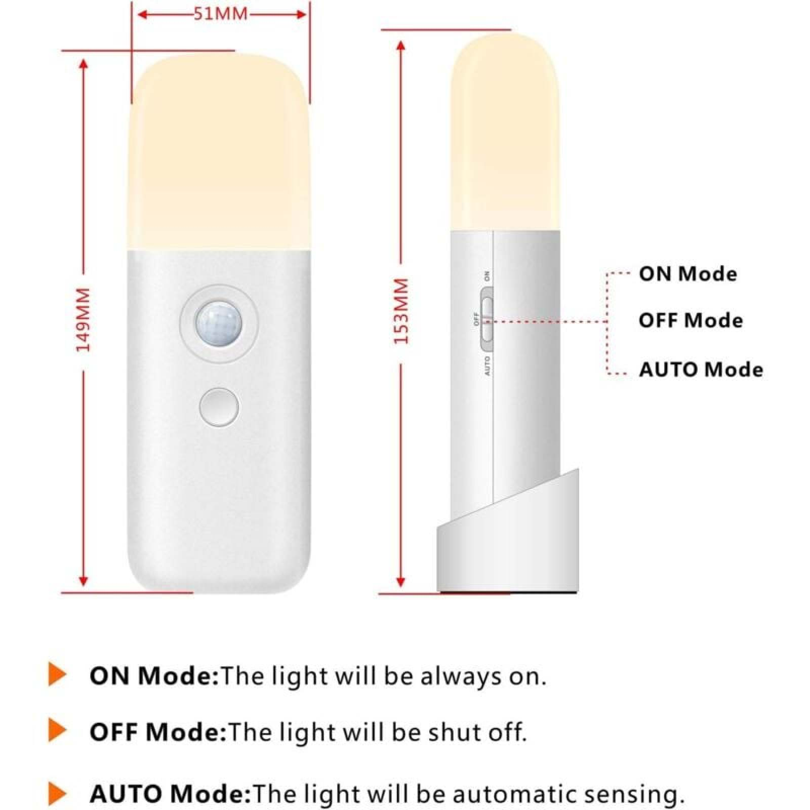 Diagramm einer tragbaren LED-Leuchte mit Maßangaben und Modi: An, Aus und Auto.