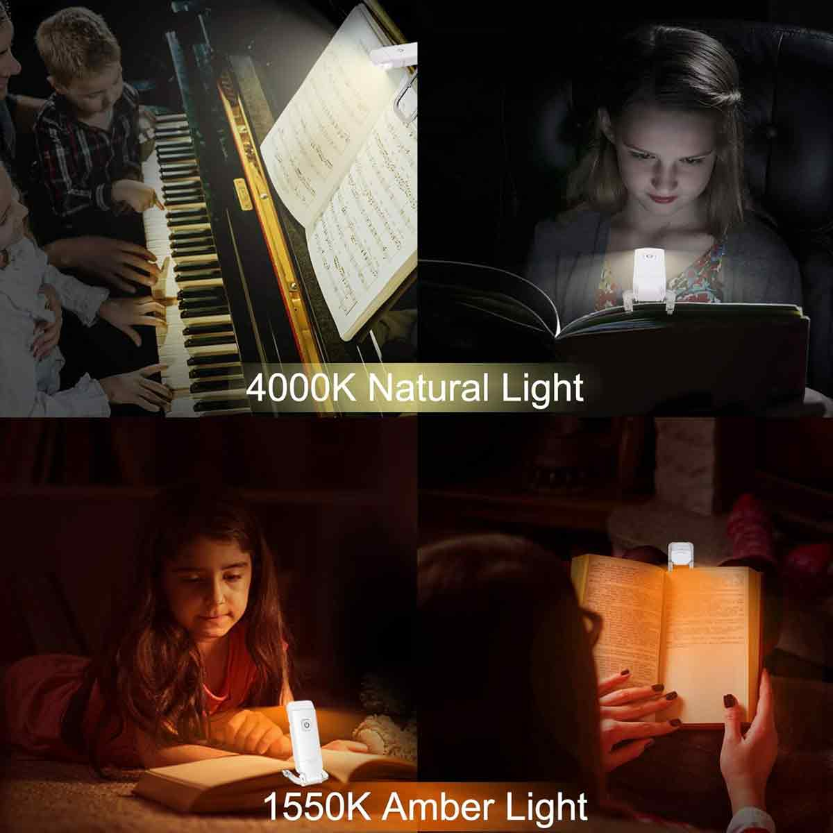 Vier Bilder zeigen Menschen, die bei unterschiedlichen Lichtfarben und Helligkeiten lesen und Klavier spielen.