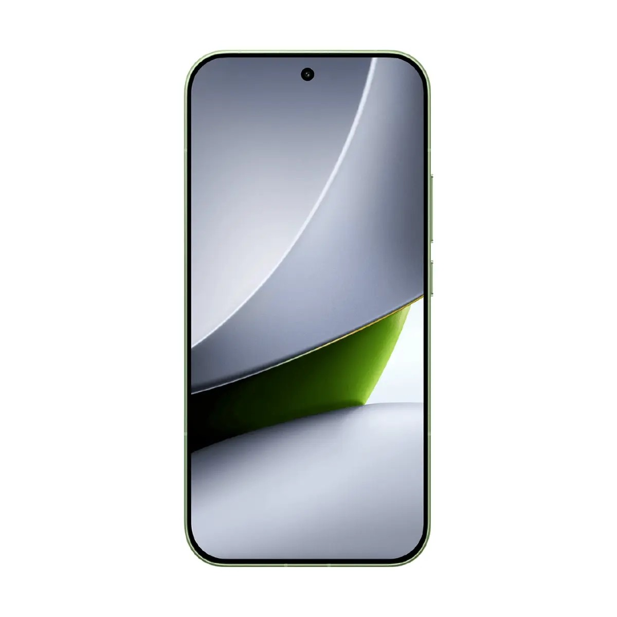Uno smartphone verde con uno sfondo astratto curvo sullo schermo.