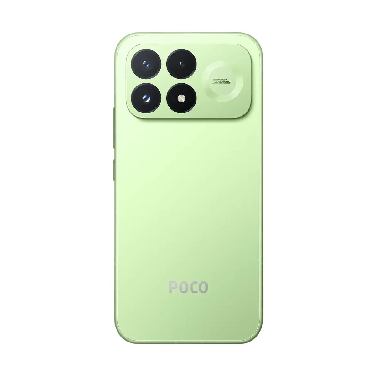 Retro di uno smartphone POCO verde chiaro con modulo a quattro fotocamere quadrato e logo Bose su sfondo bianco.