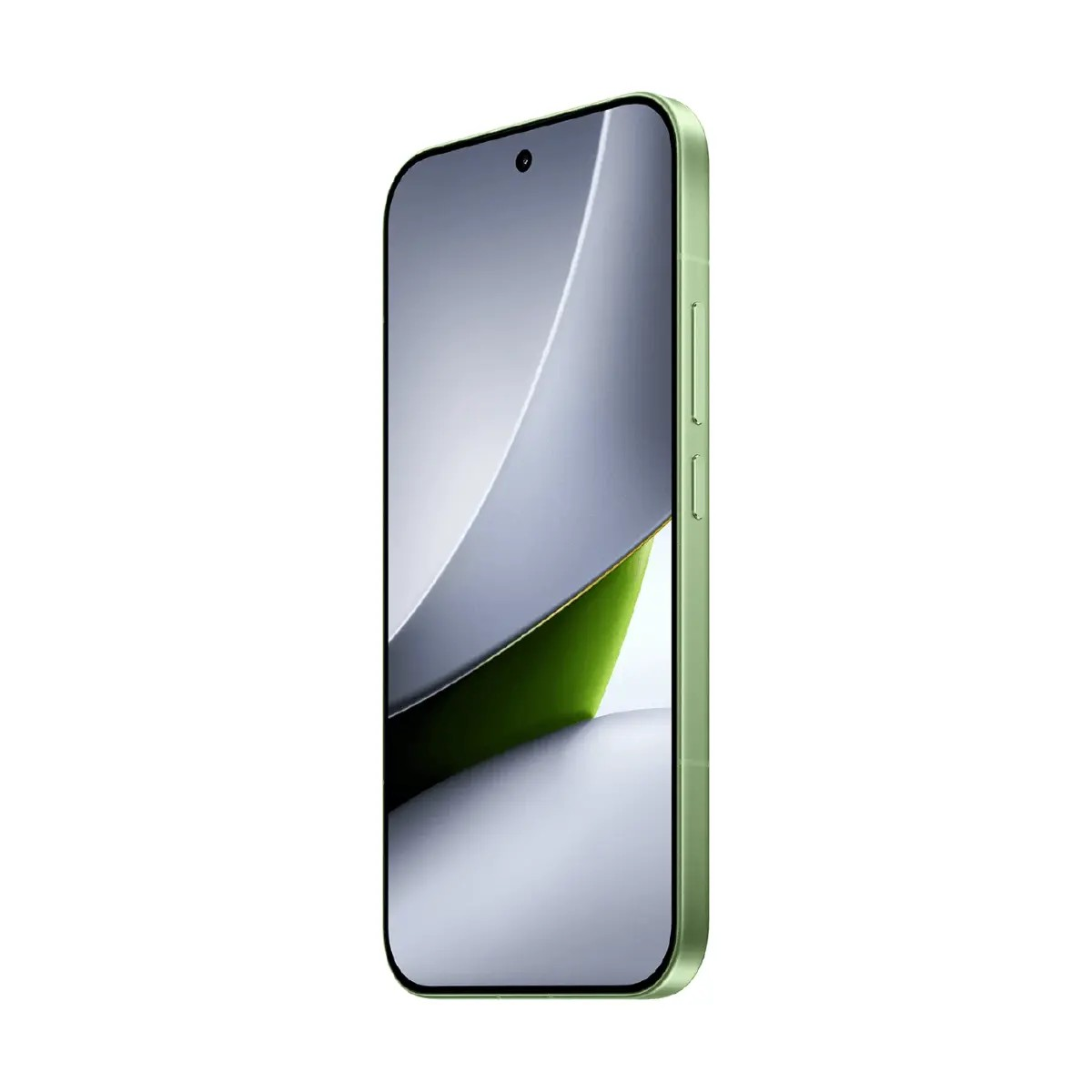Uno smartphone verde chiaro con cornice nera e display bianco su sfondo bianco.